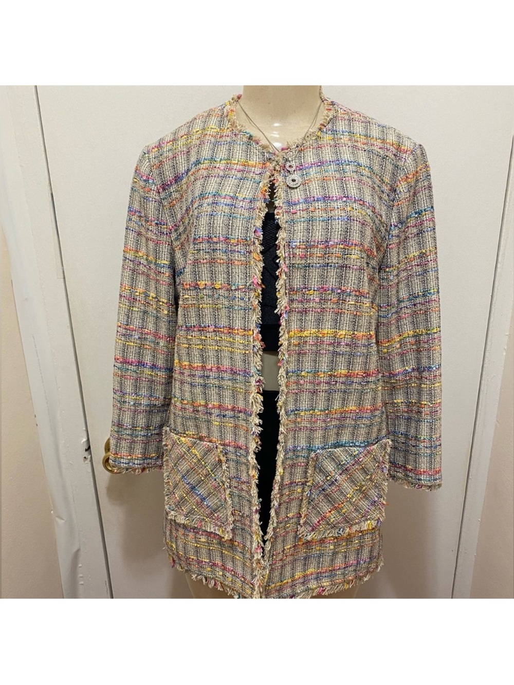 Sara Campbell Pastel Multicolor Tweed Fringe Open-Front Jacket